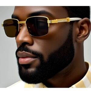 Gold Frame Sunglasses Brown Lens Rectangle Fashion Sun Glasses Men Hip Hop Gafas